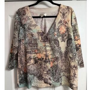 CJ Banks 1X Women's 3/4 Sleeve Cardigan Sweater Paris Floral Print